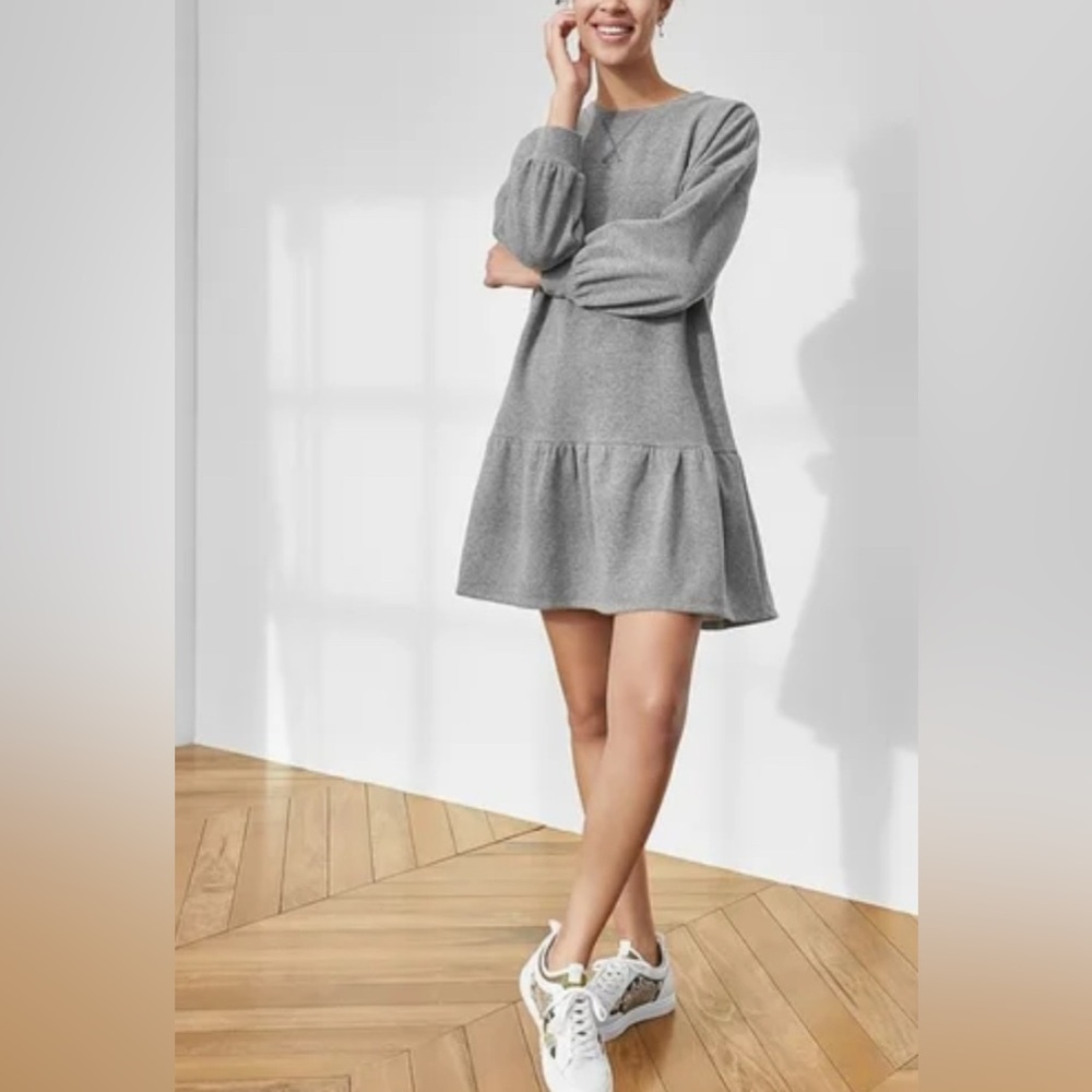 Grey Long Sleeve Sweater Dress Large Flounce Ruffle Hem | Transitional